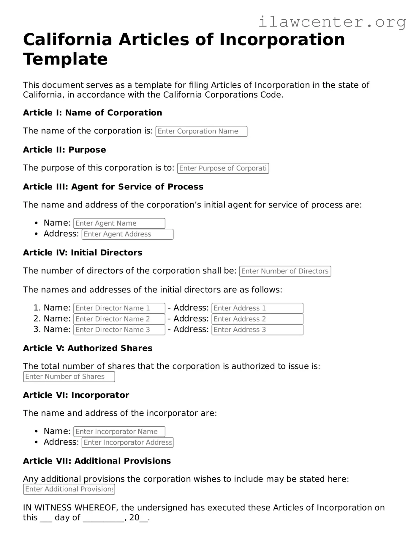 Attorney-Verified  Articles of Incorporation Document for California
