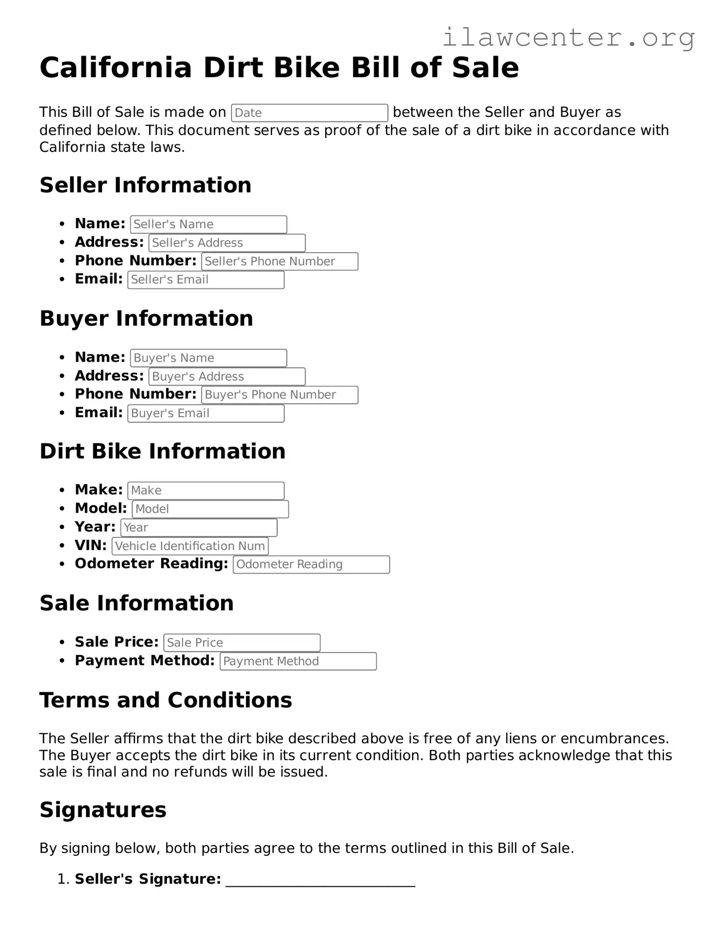 Attorney-Verified  Dirt Bike Bill of Sale Document for California