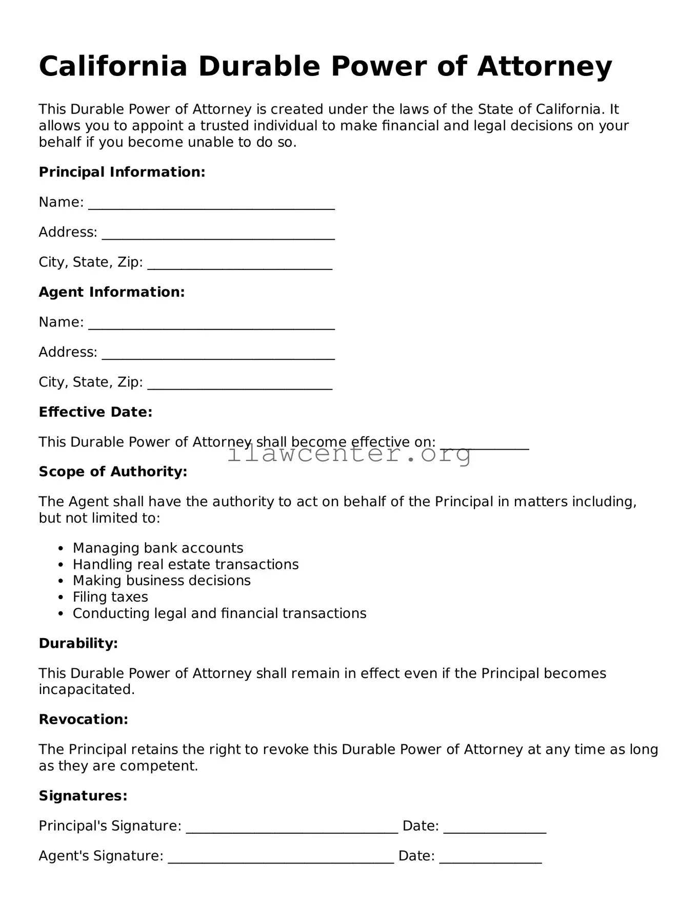 Attorney-Verified  Durable Power of Attorney Document for California