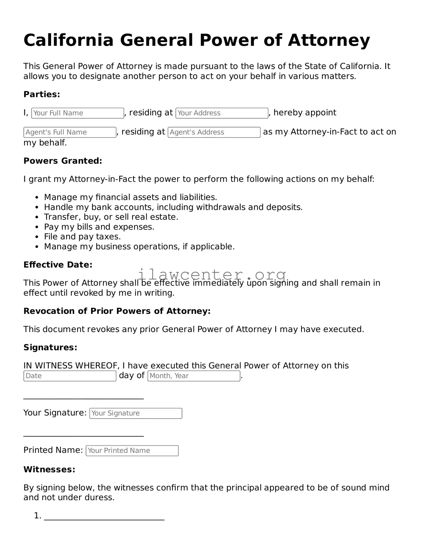 Attorney-Verified  General Power of Attorney Document for California