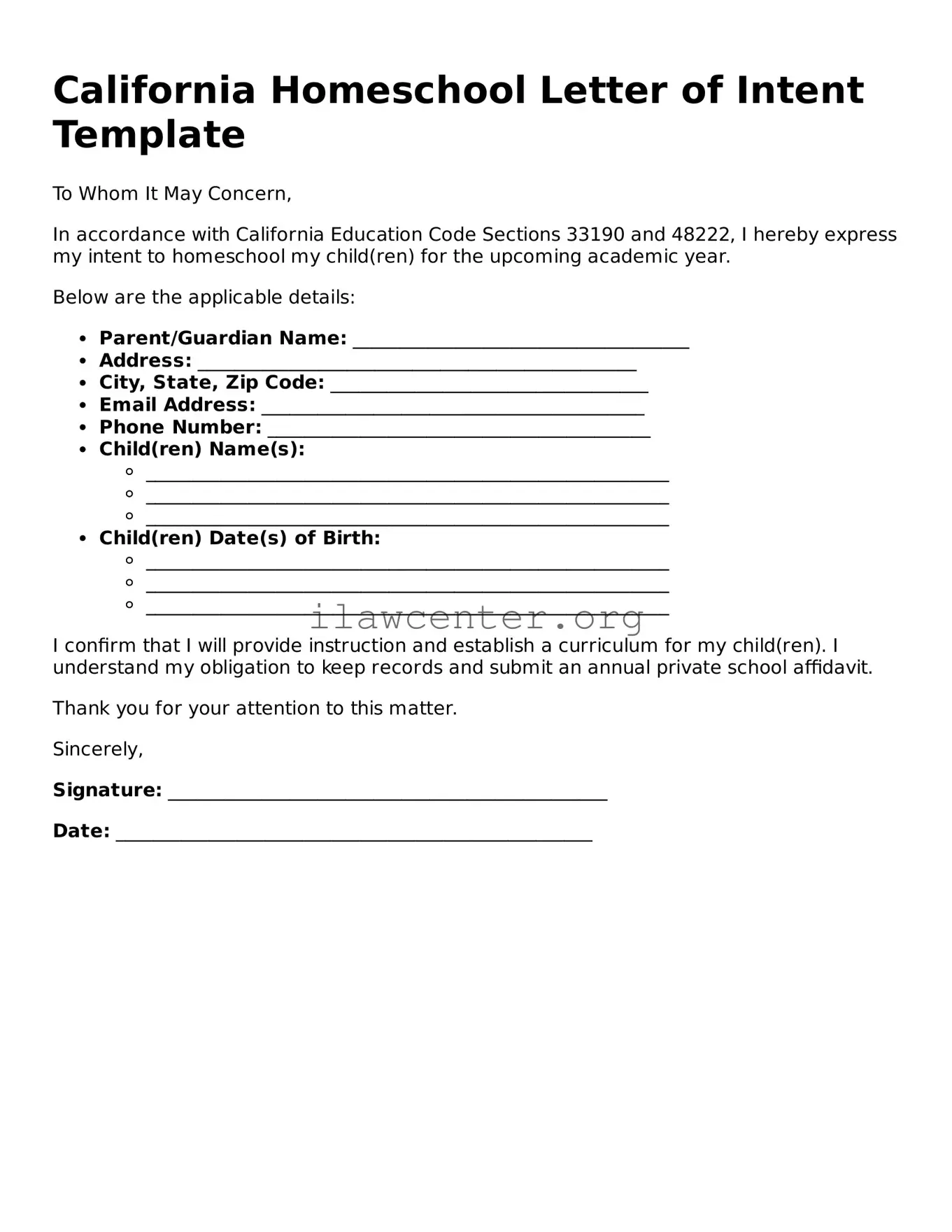 Attorney-Verified  Homeschool Letter of Intent Document for California