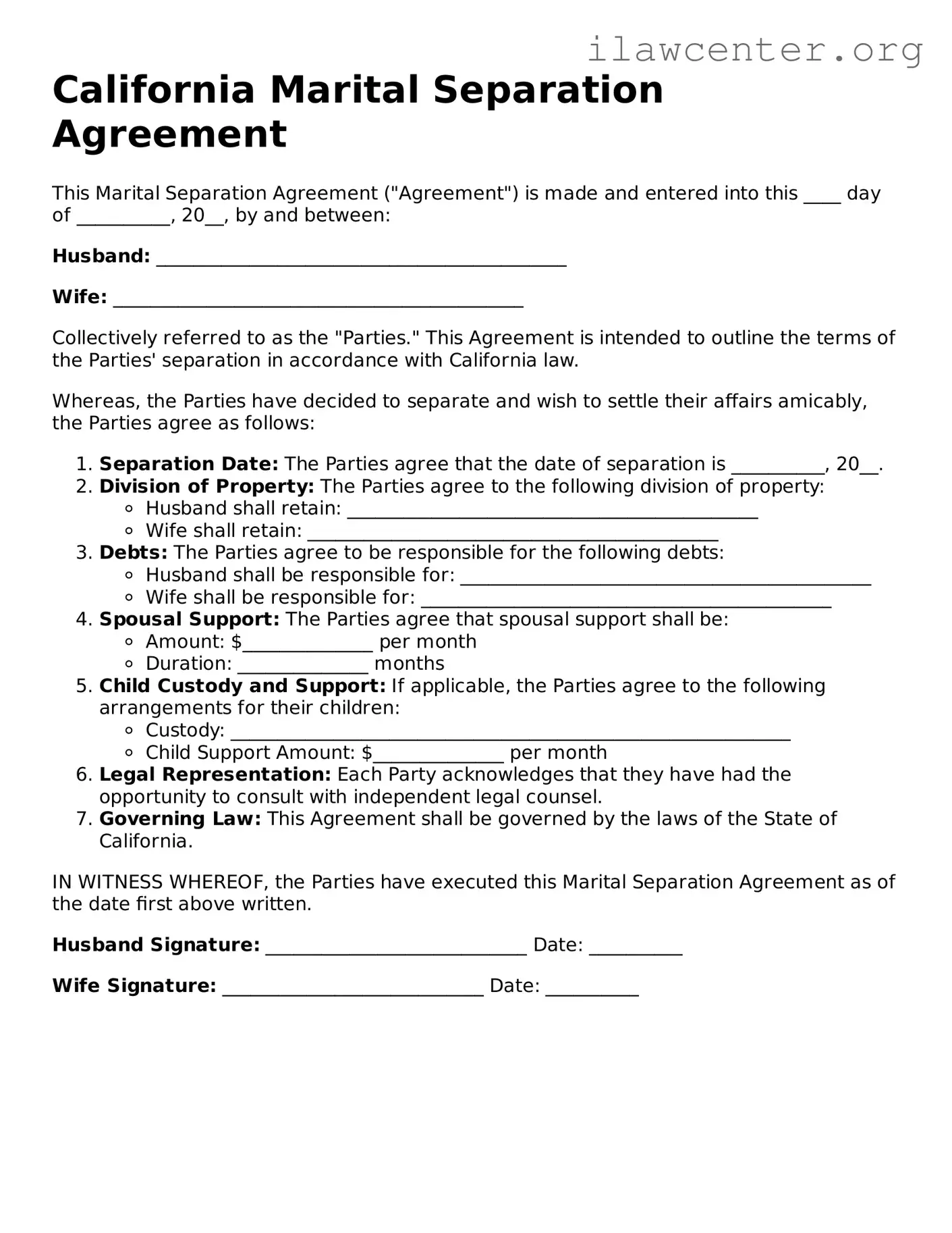 Attorney-Verified  Marital Separation Agreement Document for California