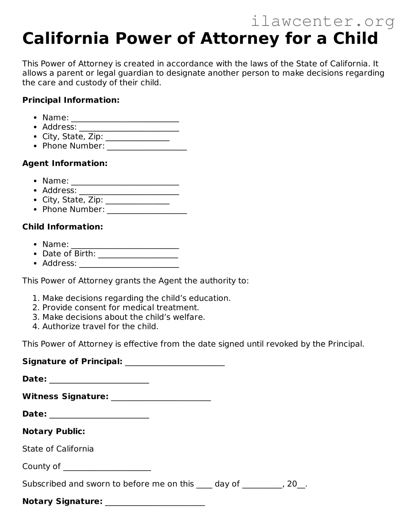 Attorney-Verified  Power of Attorney for a Child Document for California