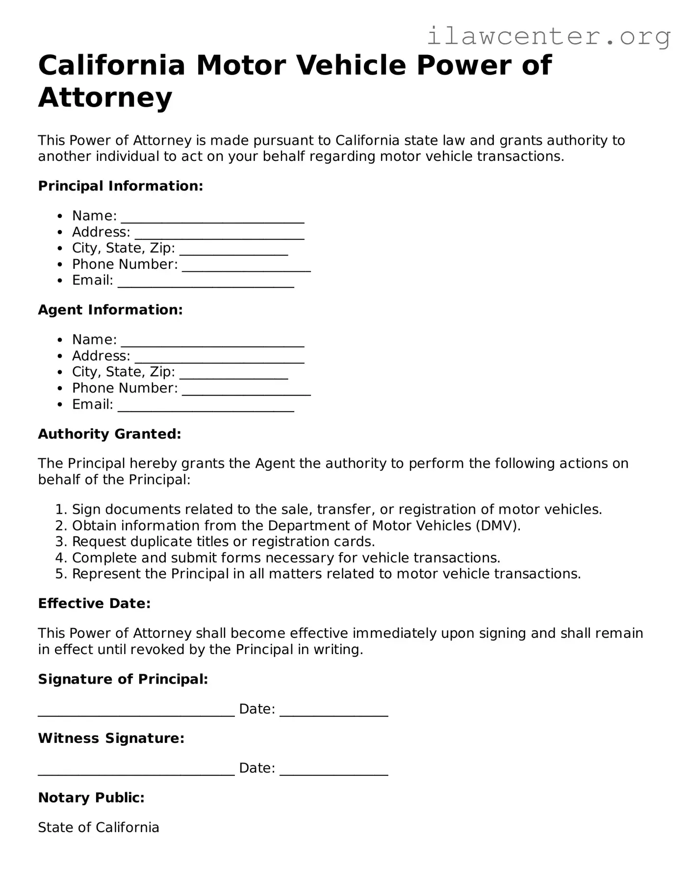 Attorney-Verified  Motor Vehicle Power of Attorney Document for California