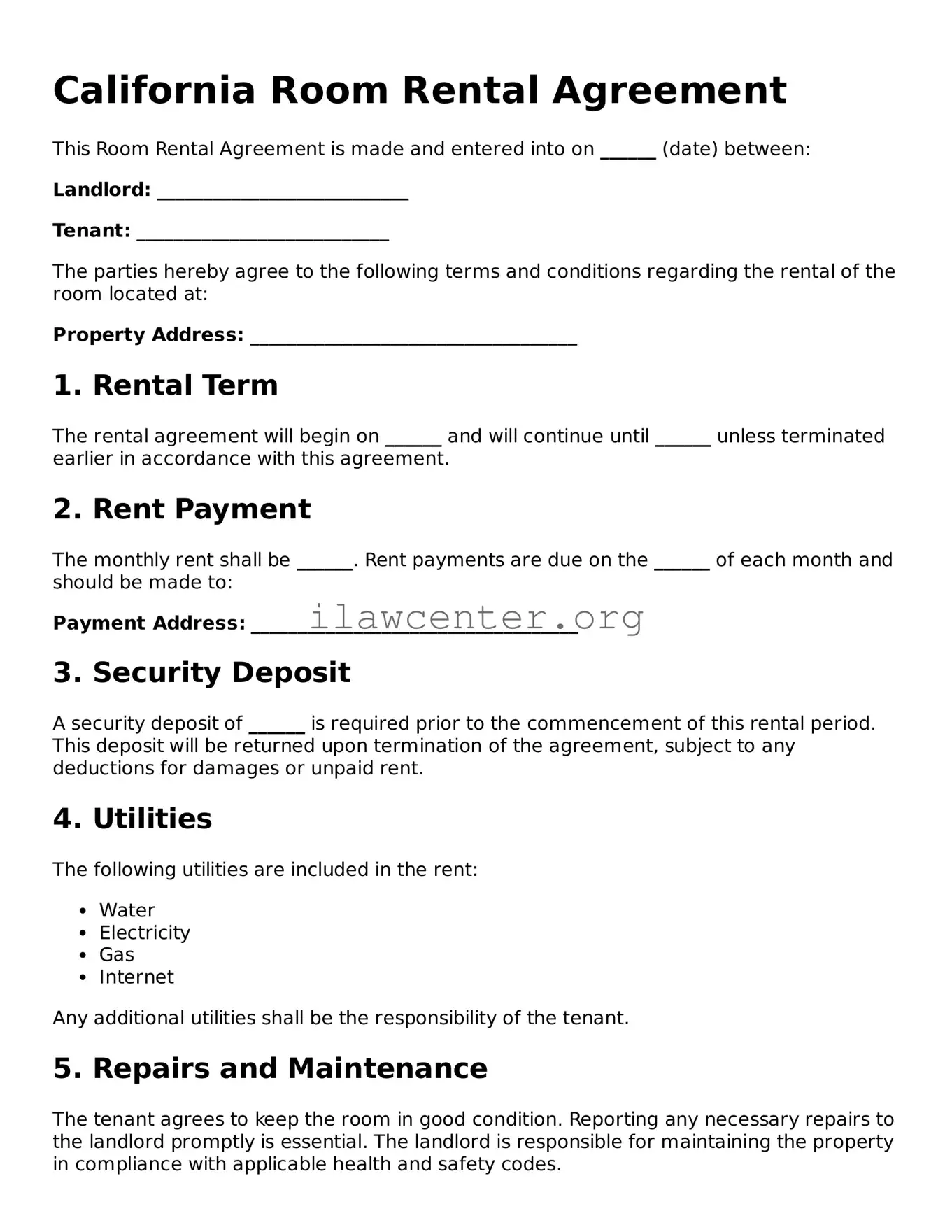 Attorney-Verified  Room Rental Agreement Document for California