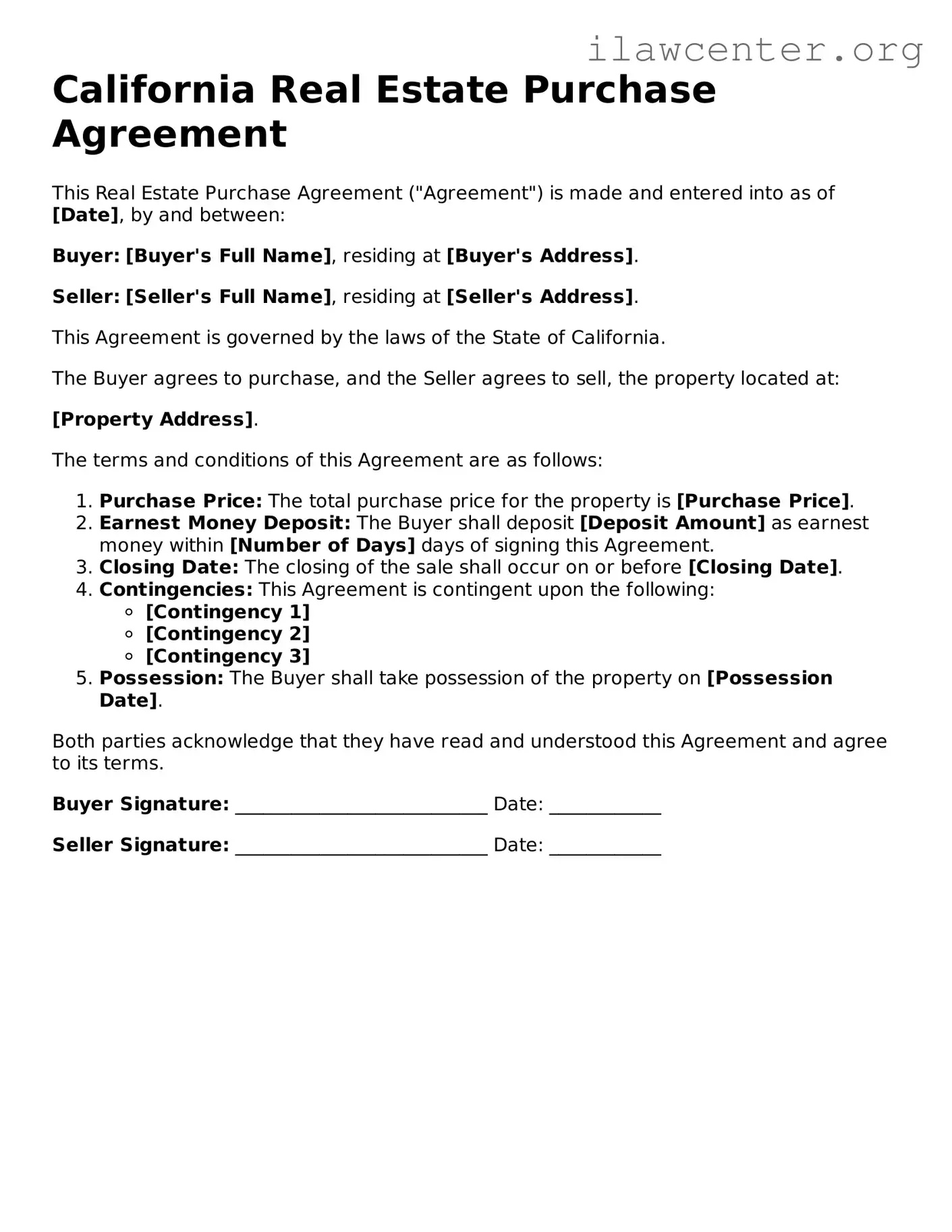 Attorney-Verified  Real Estate Purchase Agreement Document for California