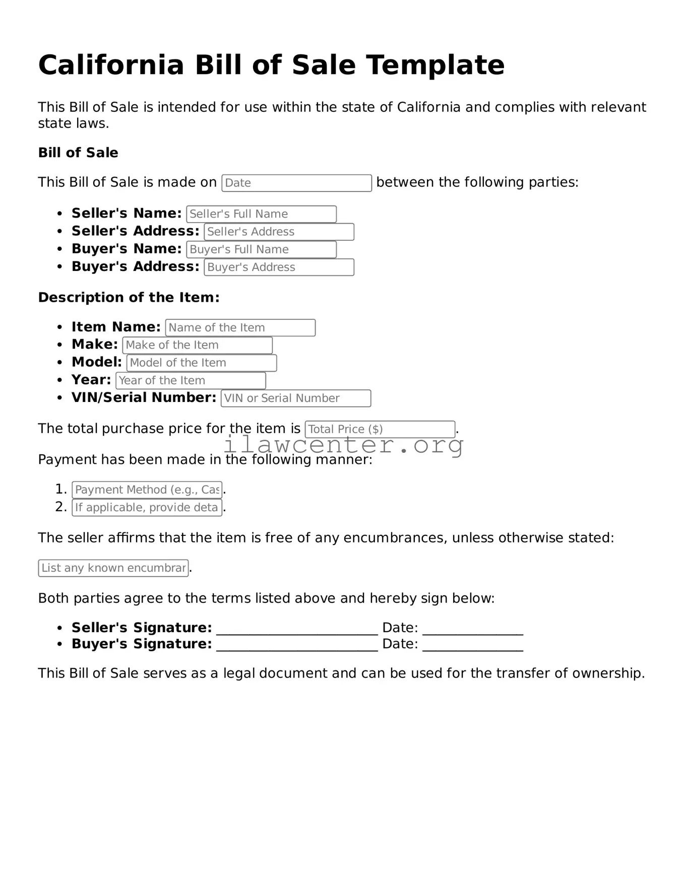 Attorney-Verified  Bill of Sale Document for California
