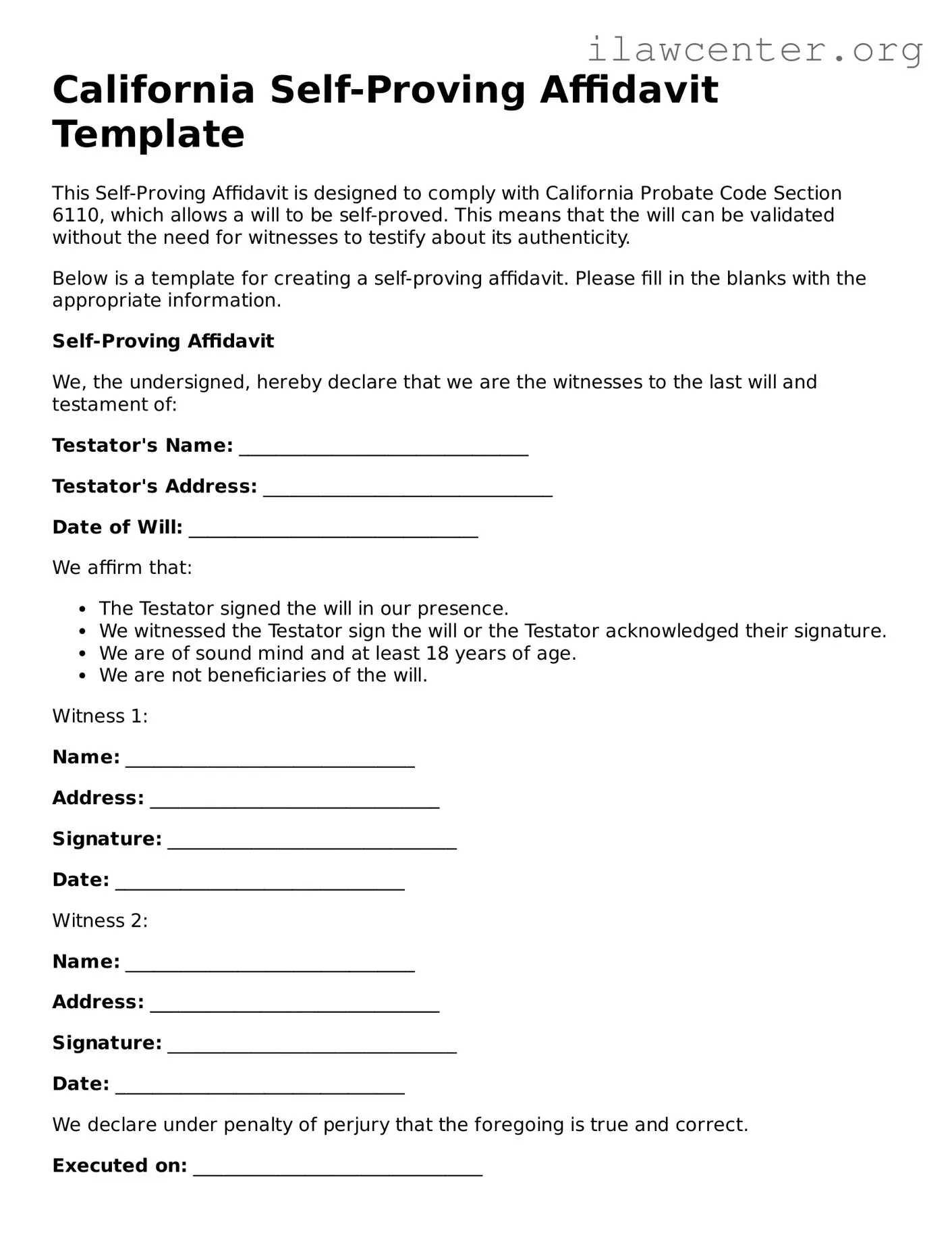 Attorney-Verified  Self-Proving Affidavit Document for California