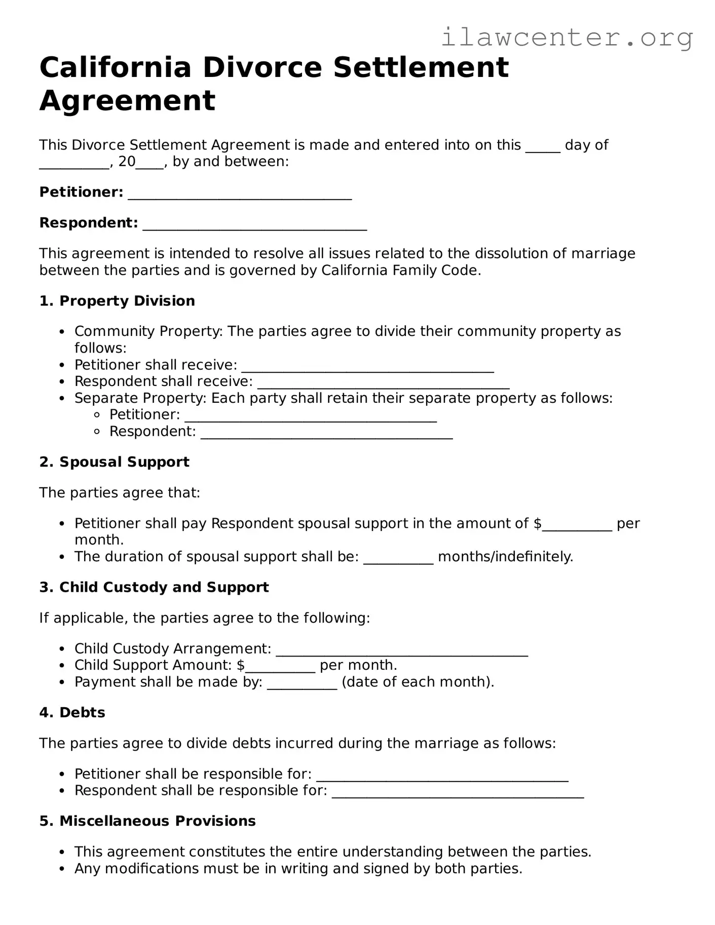 Attorney-Verified  Divorce Settlement Agreement Document for California