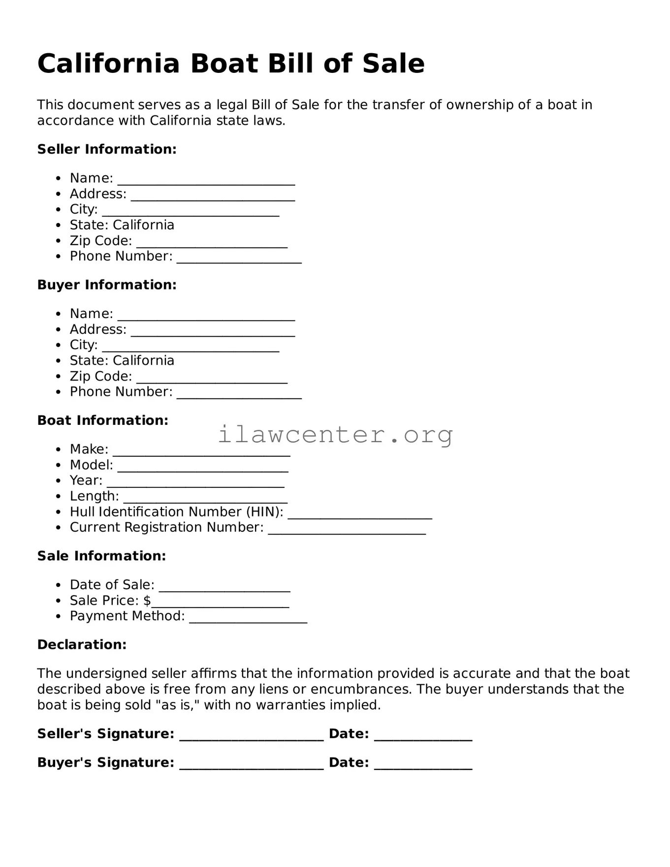 Attorney-Verified  Boat Bill of Sale Document for California