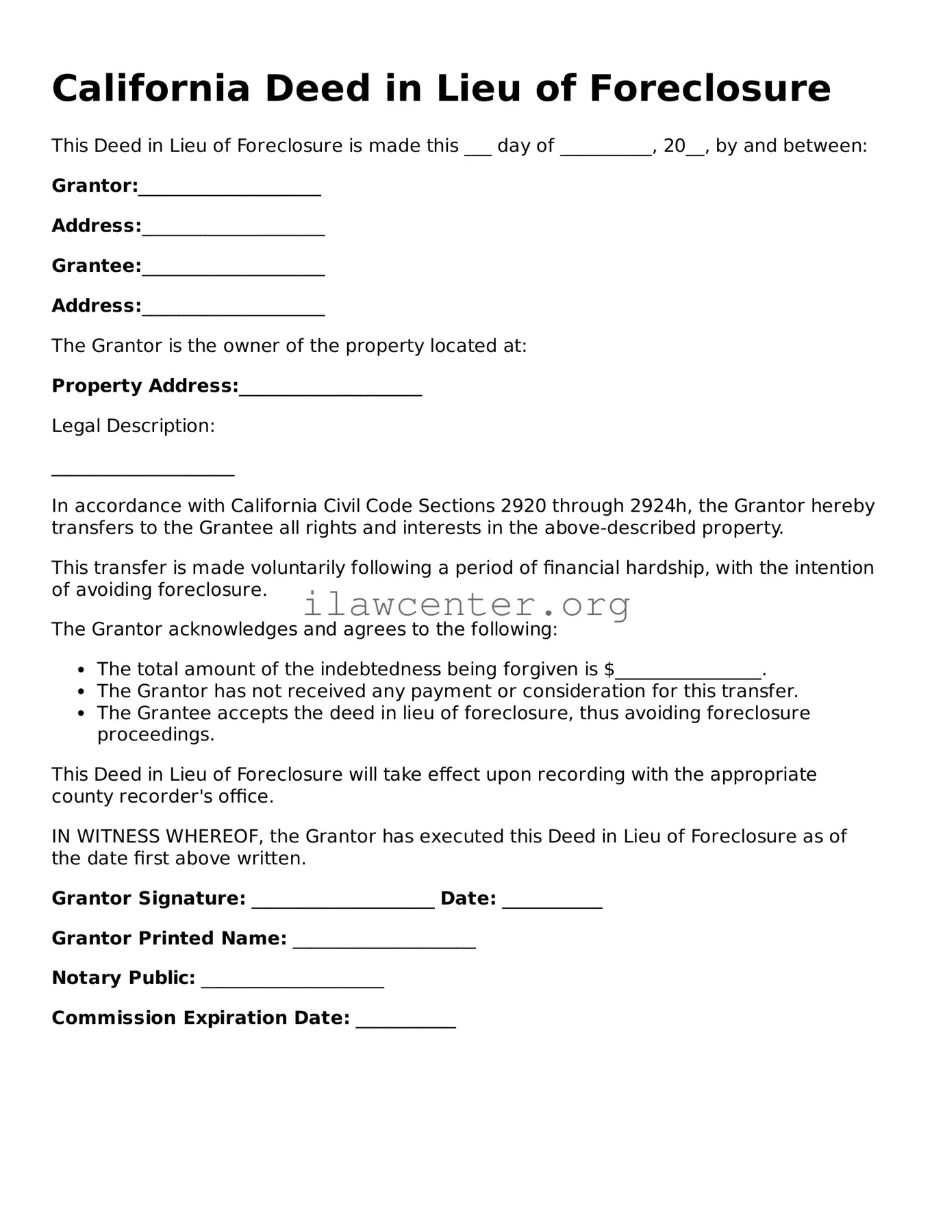 Attorney-Verified  Deed in Lieu of Foreclosure Document for California