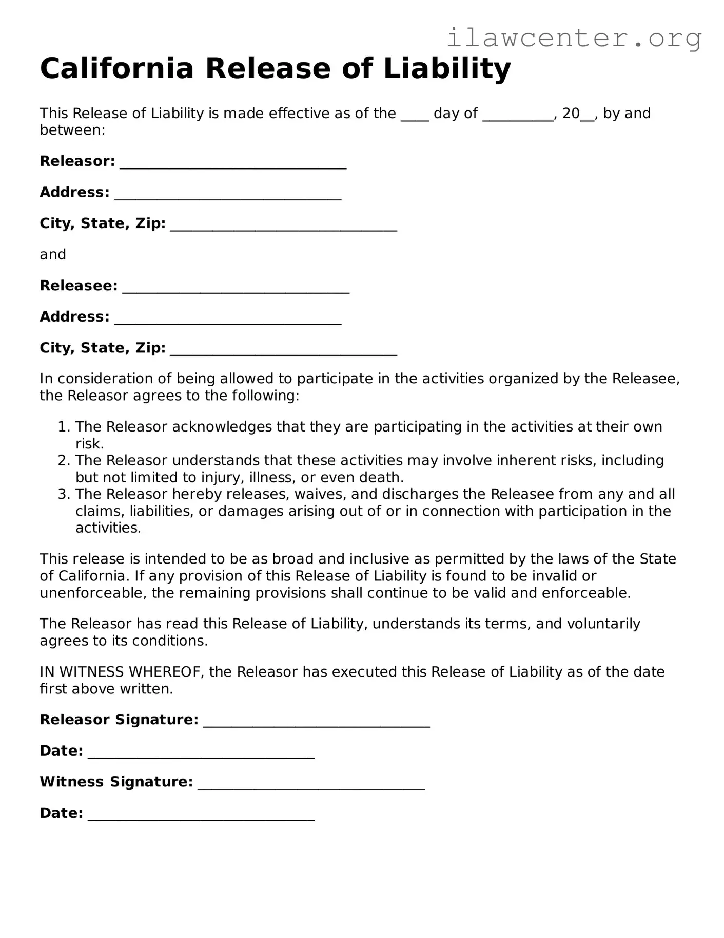 Attorney-Verified  Release of Liability Document for California