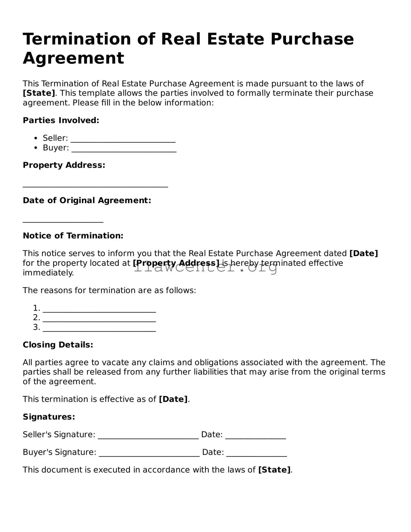 Fillable Termination of Real Estate Purchase Agreement Document