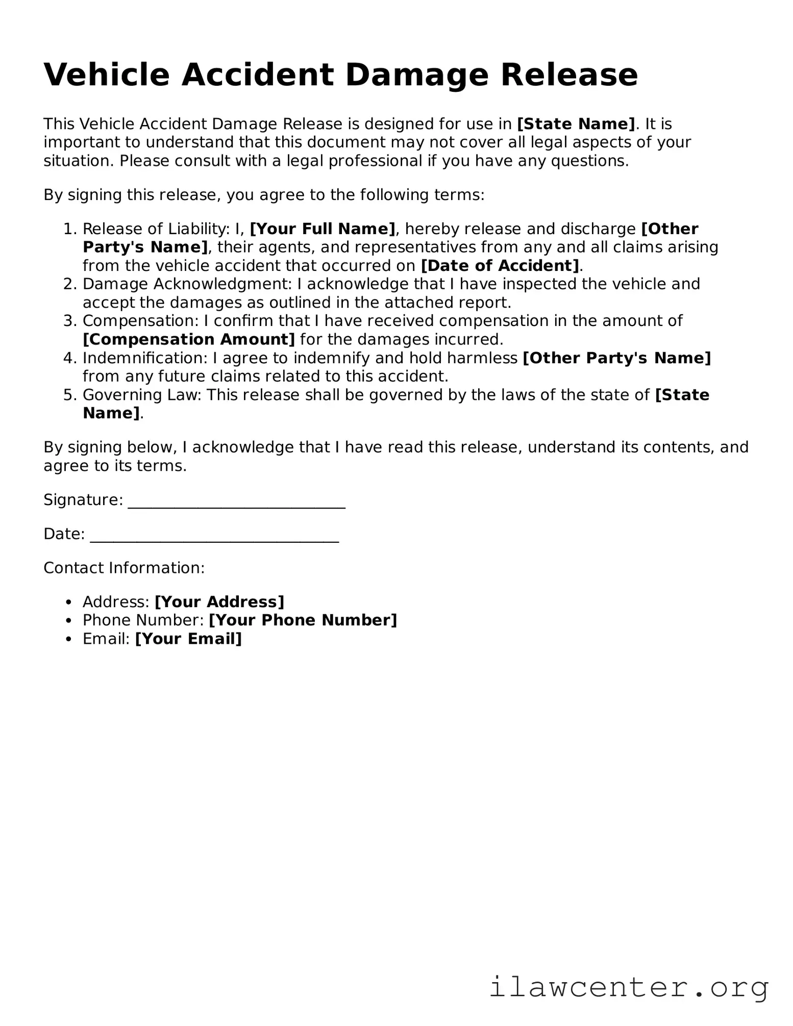 Fillable Vehicle Accident Damage Release Document