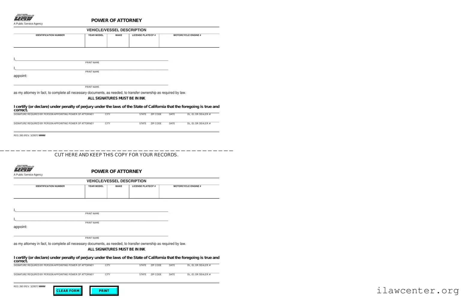 Vehicle POA REG 260 PDF Template