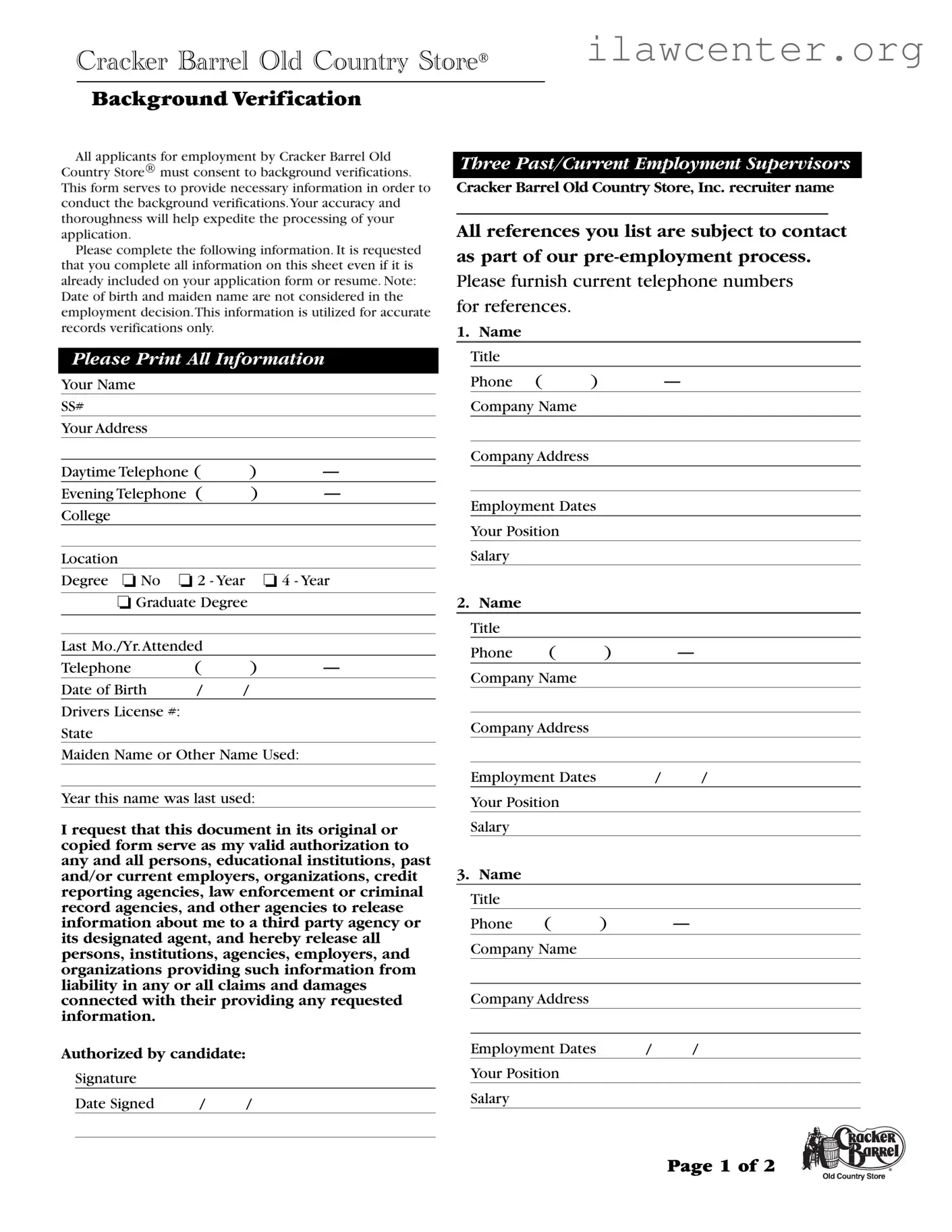 Cracker Barrel Background Check PDF Template