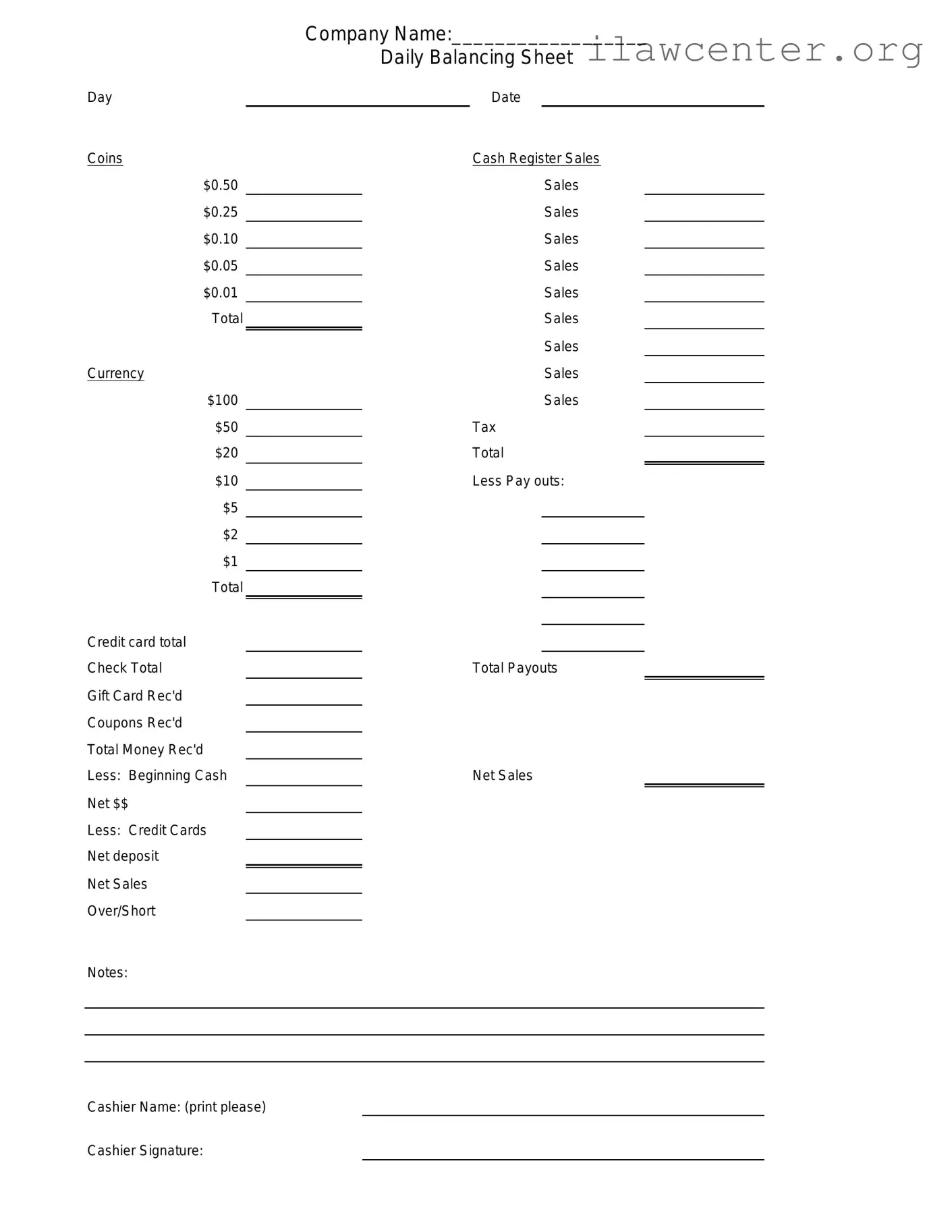Cash Drawer Count Sheet PDF Template
