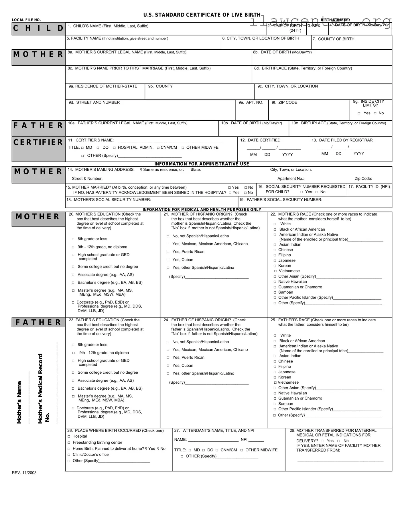 CDC U.S. Standard Certificate of Live Birth PDF Template