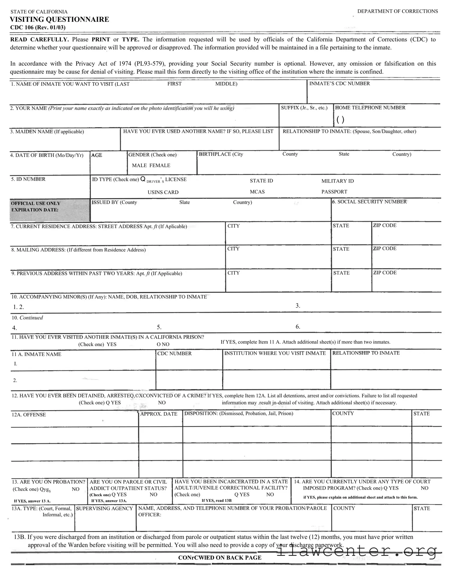 Visiting Questionnaire PDF Template