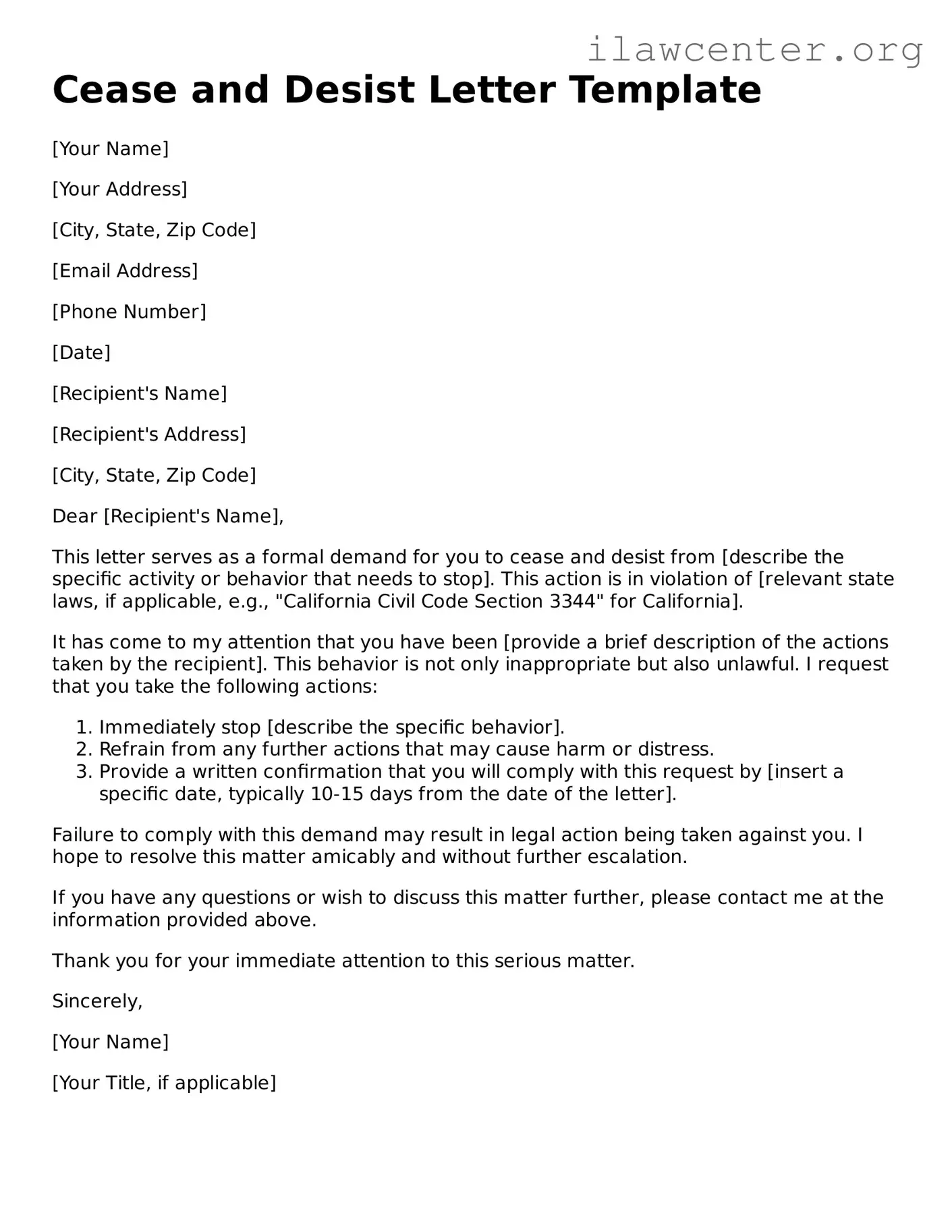 Fillable Cease and Desist Letter Document