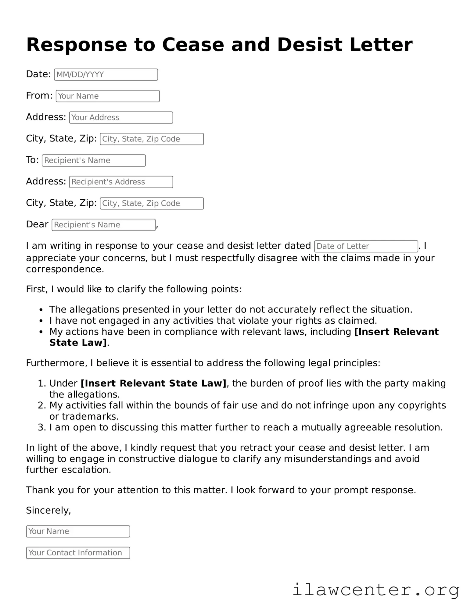 Fillable Response to a Cease and Desist Letter Document