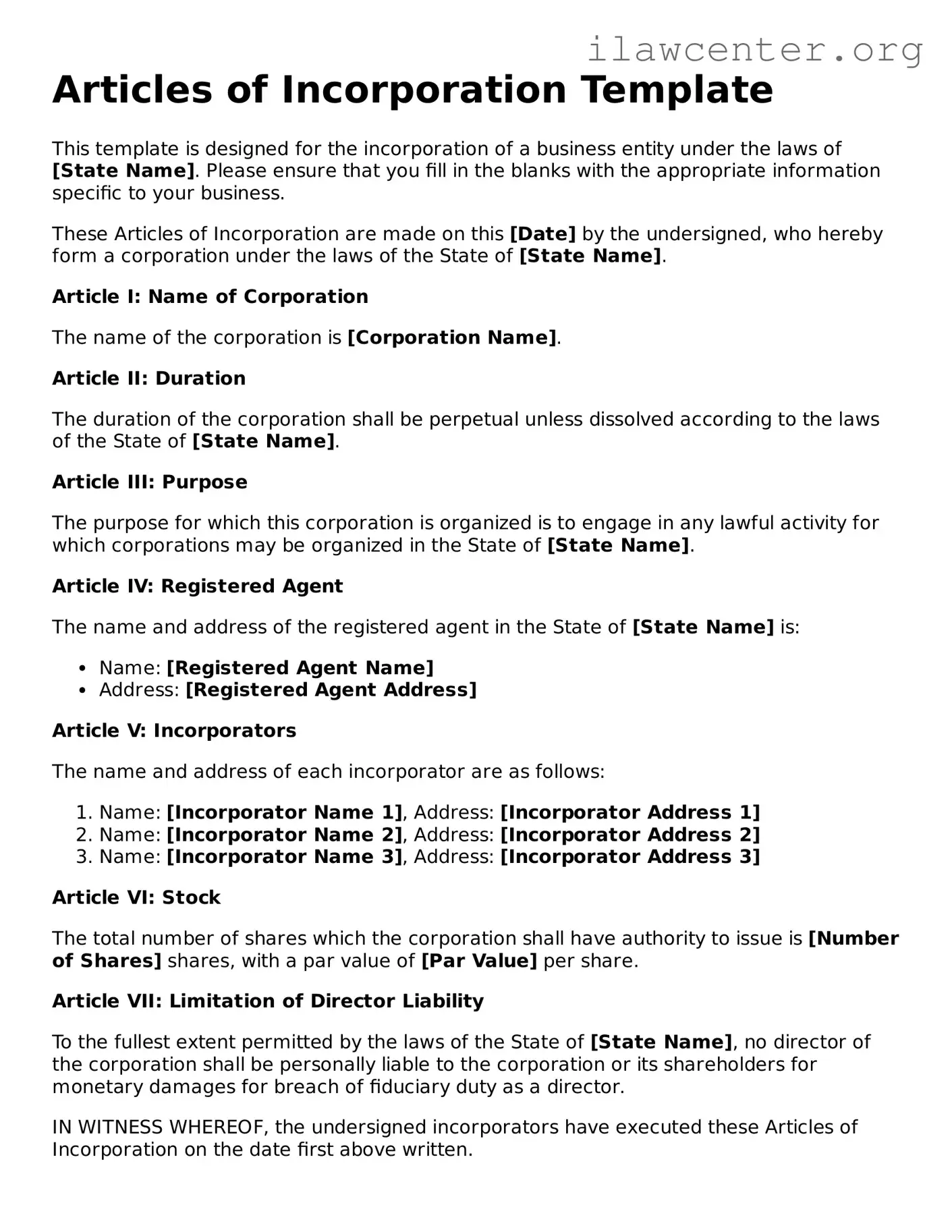Fillable Articles of Incorporation Document