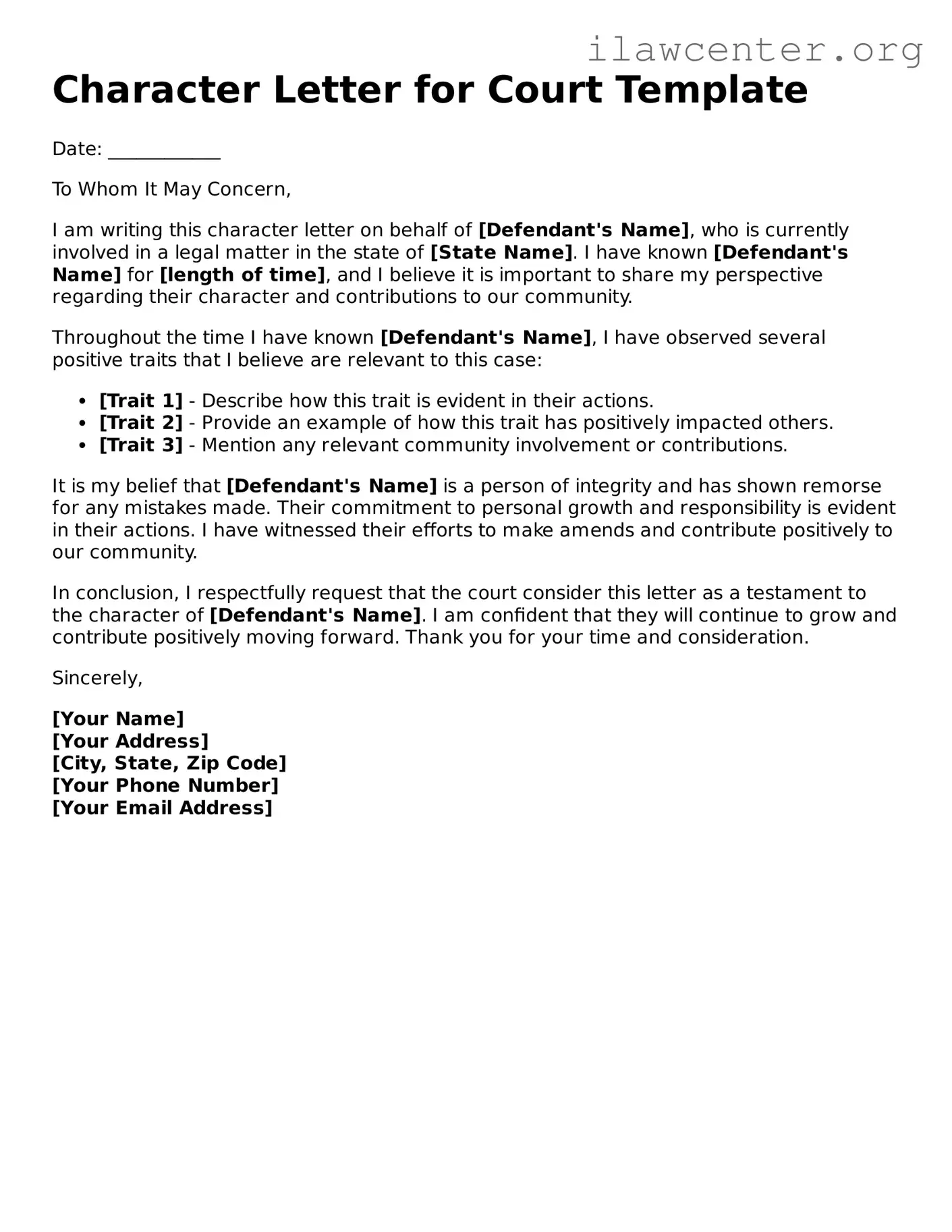 Fillable Character Letter for Court Document