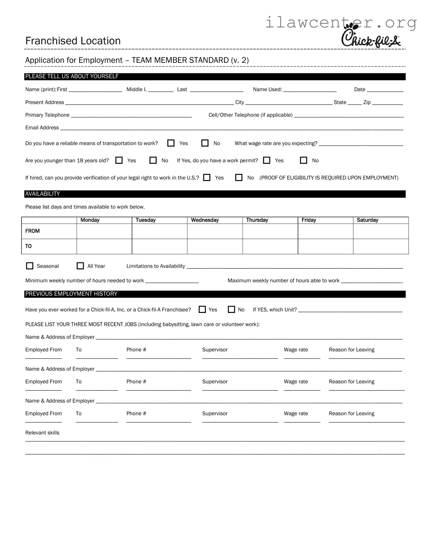 Chick Fil A Job Application PDF Template
