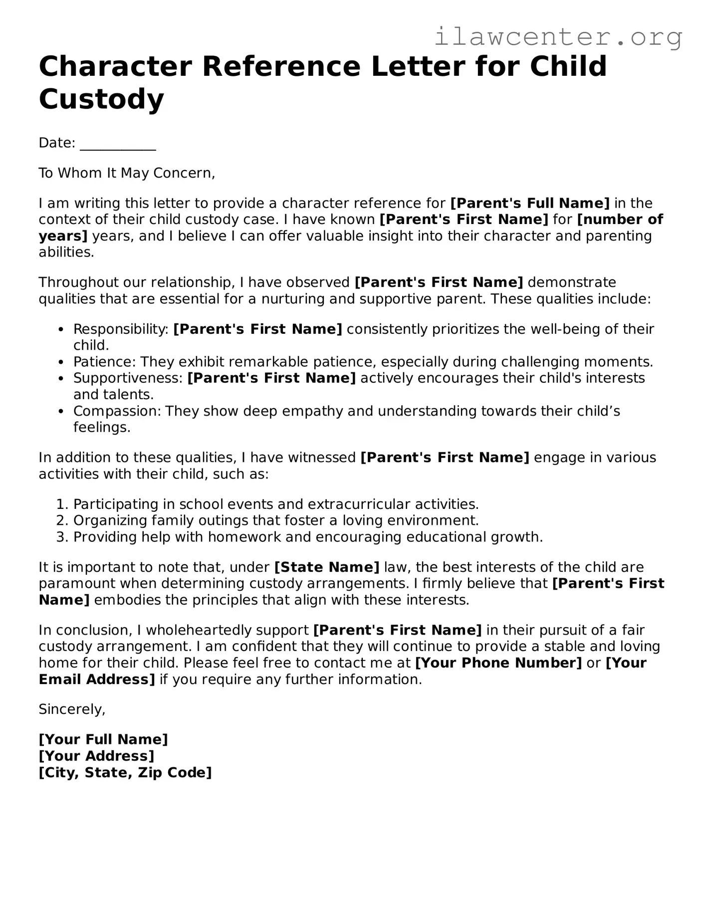 Fillable Character Reference Letter for Child Custody Document
