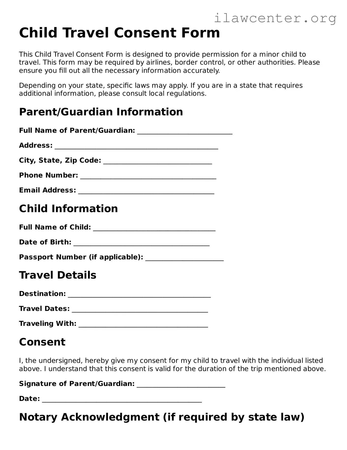 Fillable Child Travel Consent Form Document
