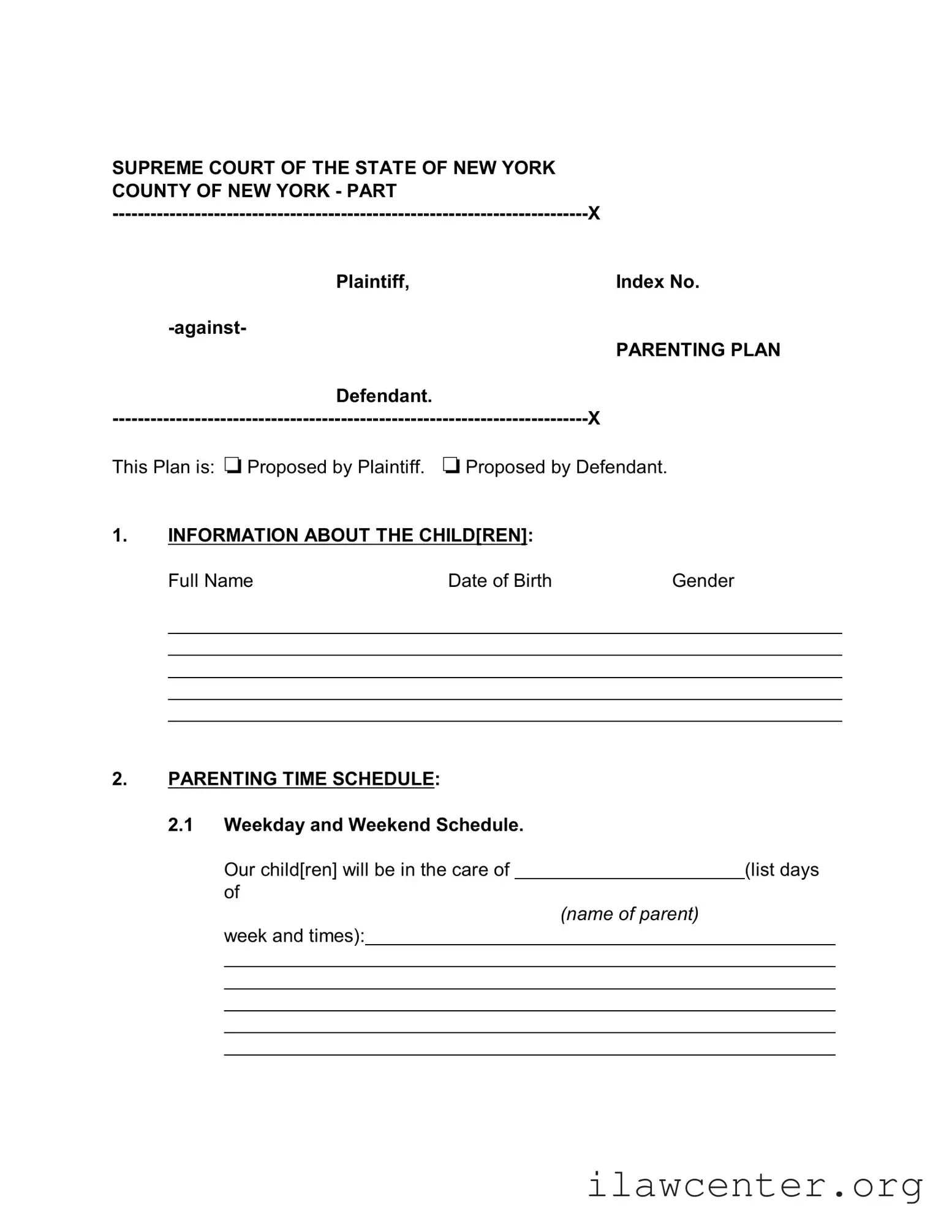New York Parenting Plan PDF Template