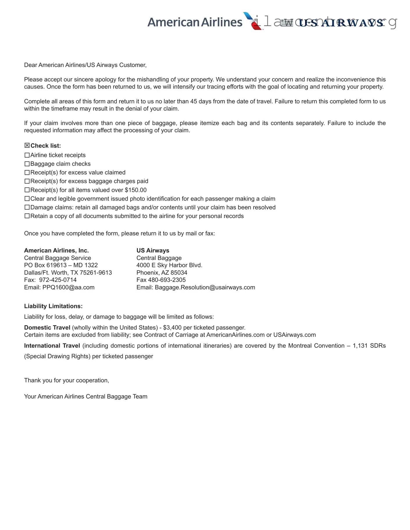 Claim Passenger Property PDF Template