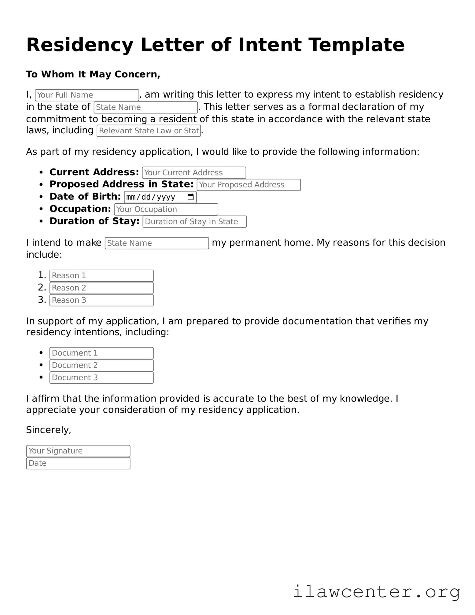 Fillable Residency Letter of Intent Document