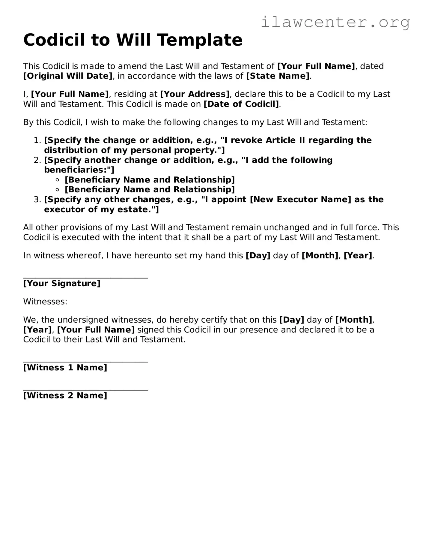 Fillable Codicil to Will Document