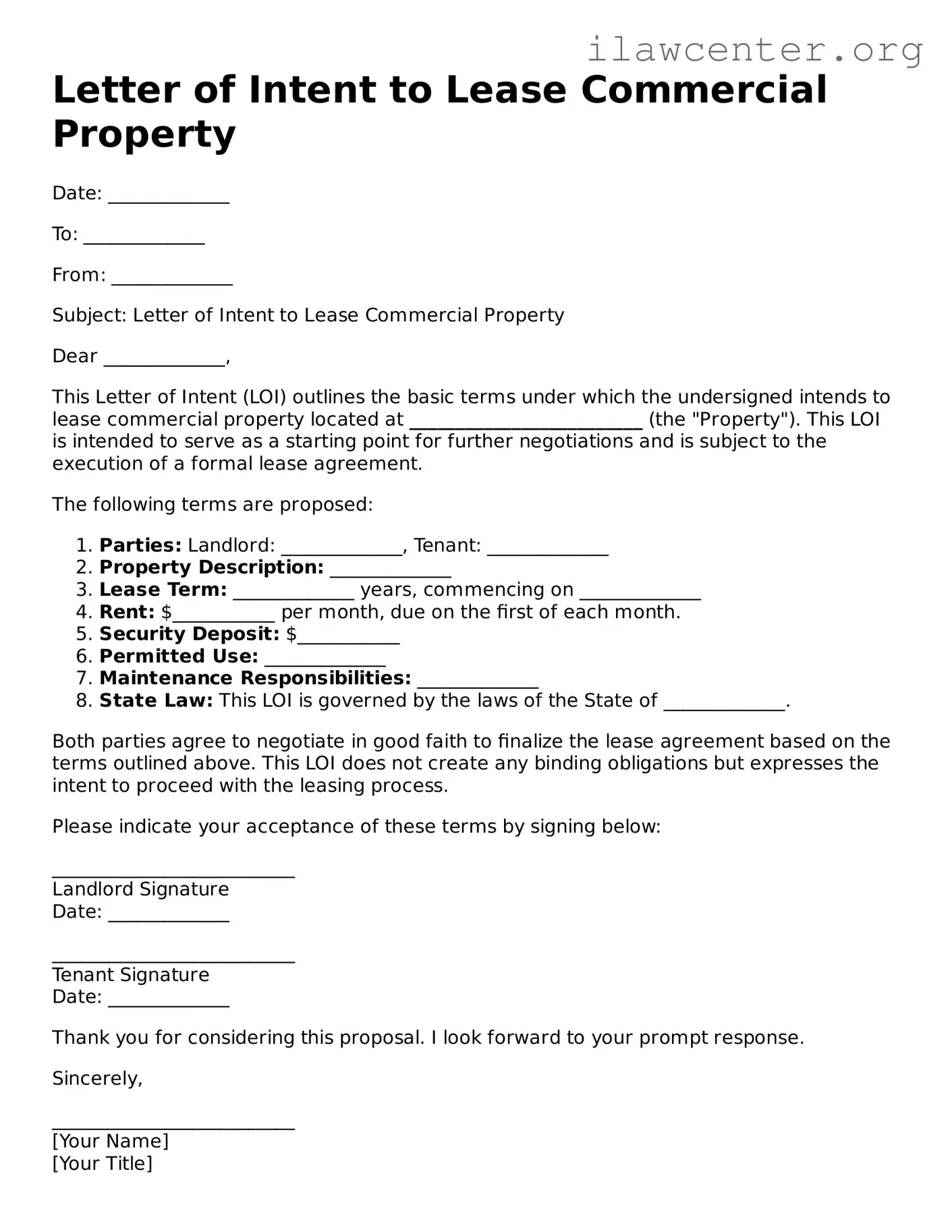 Fillable Letter of Intent to Lease Commercial Property Document