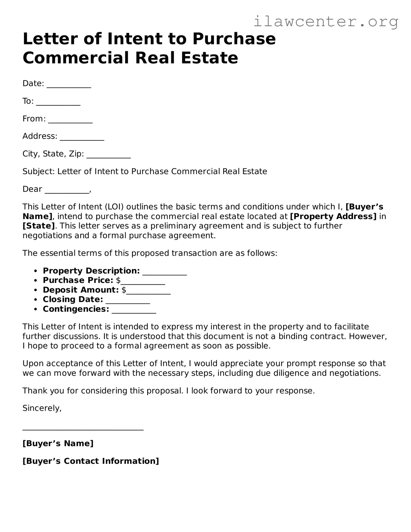 Fillable Letter of Intent to Purchase Commercial Real Estate Document