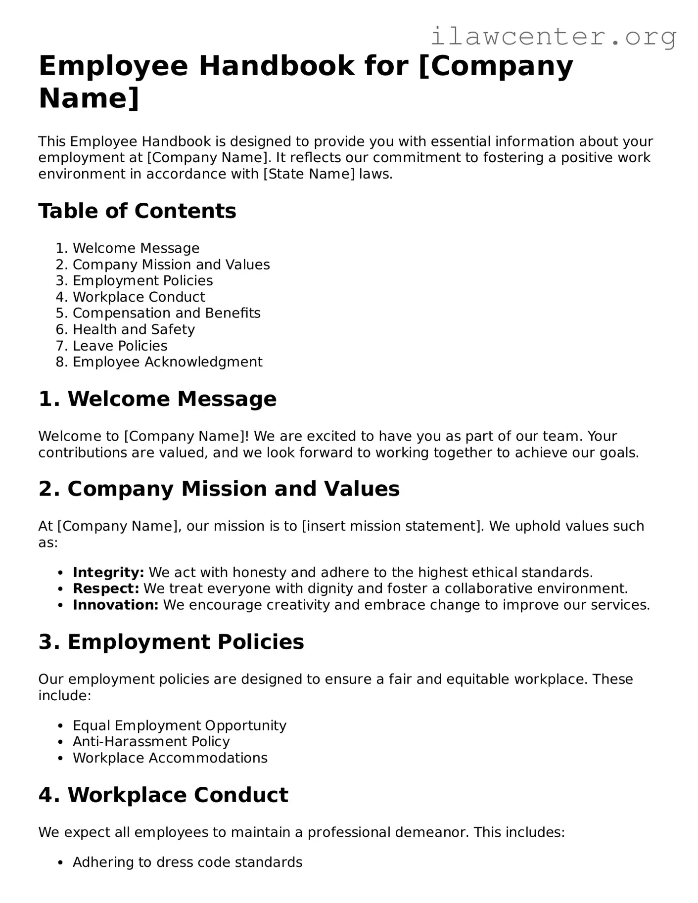 Fillable Employee Handbook Document