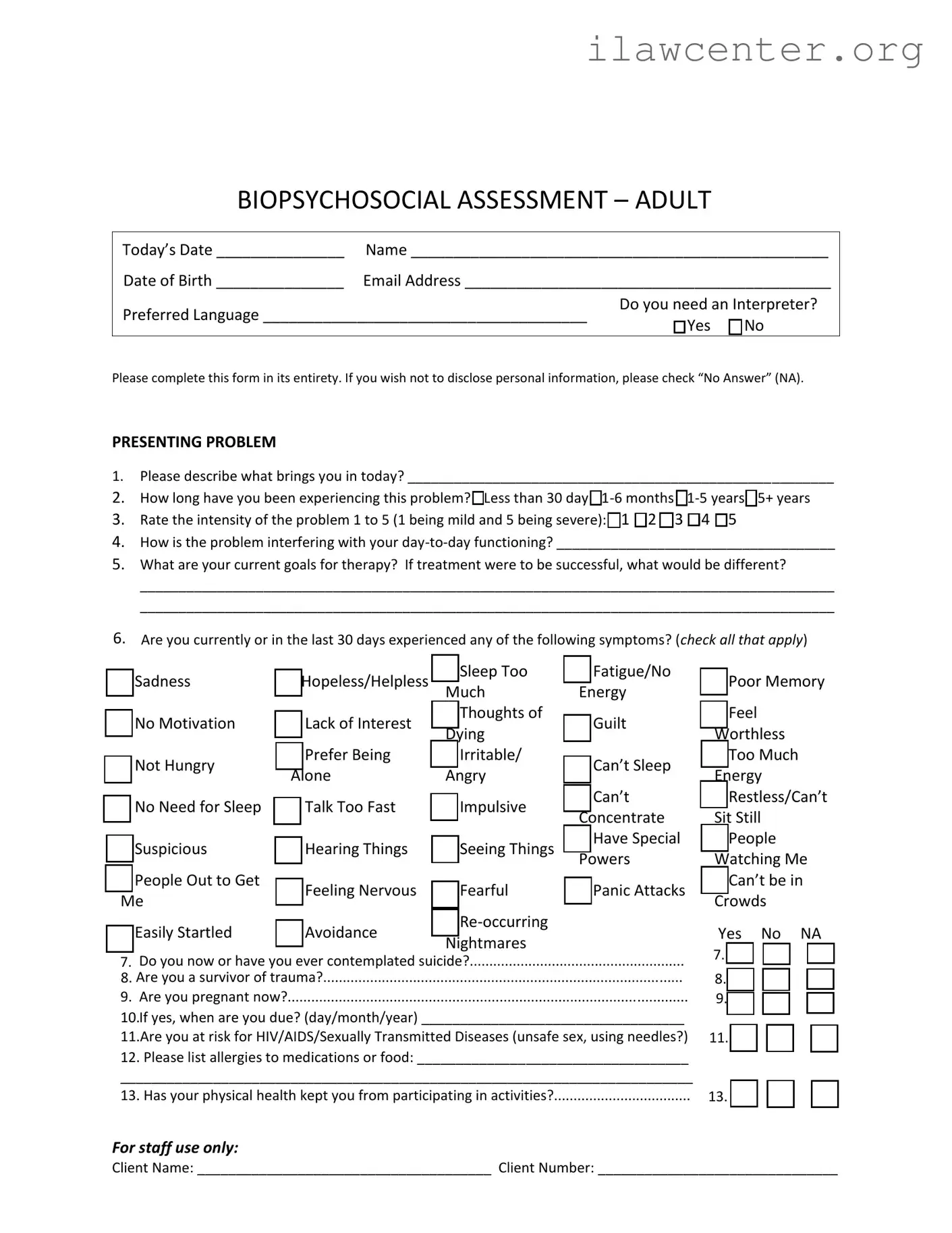 Biopsychosocial Assessment Social Work PDF Template