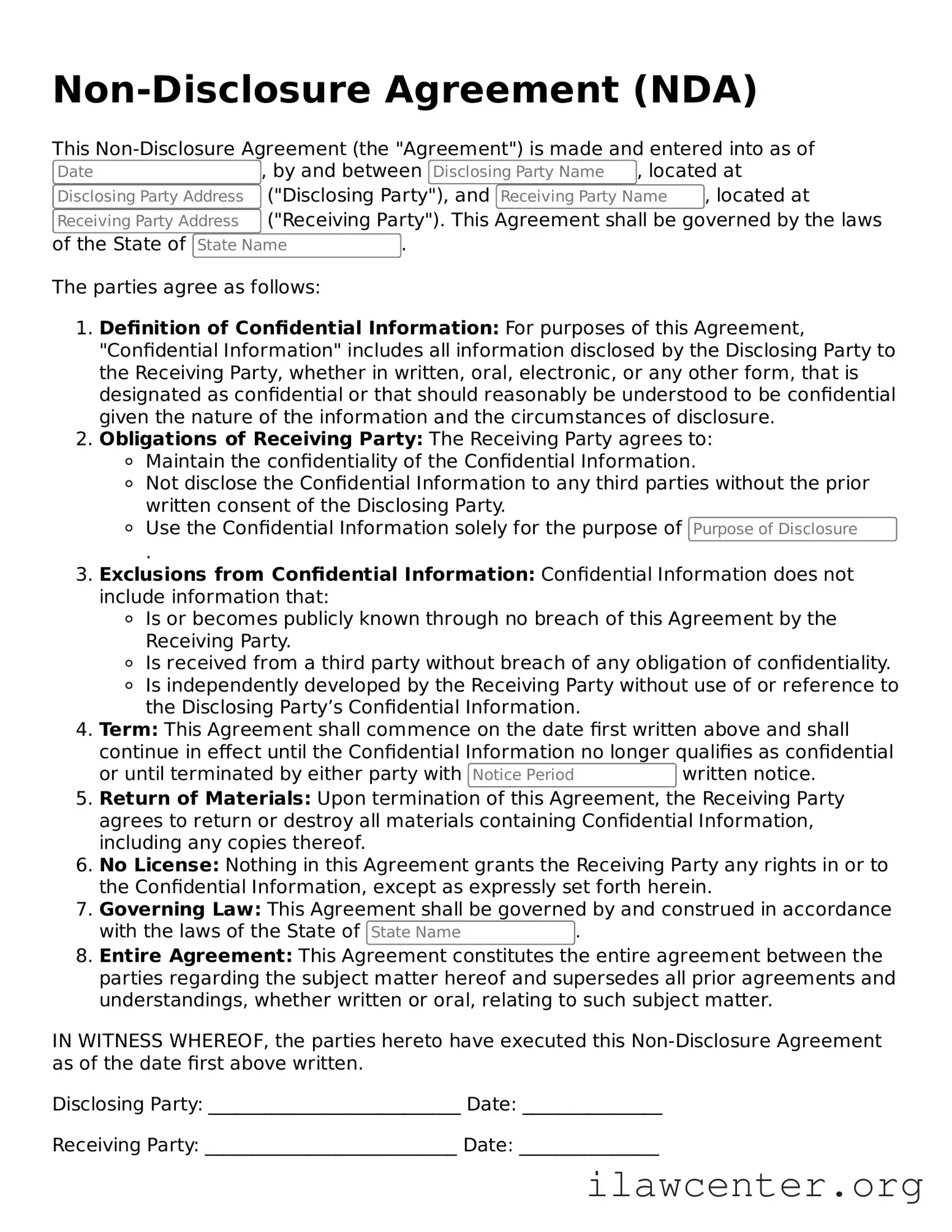 Fillable Non-disclosure Agreement Document