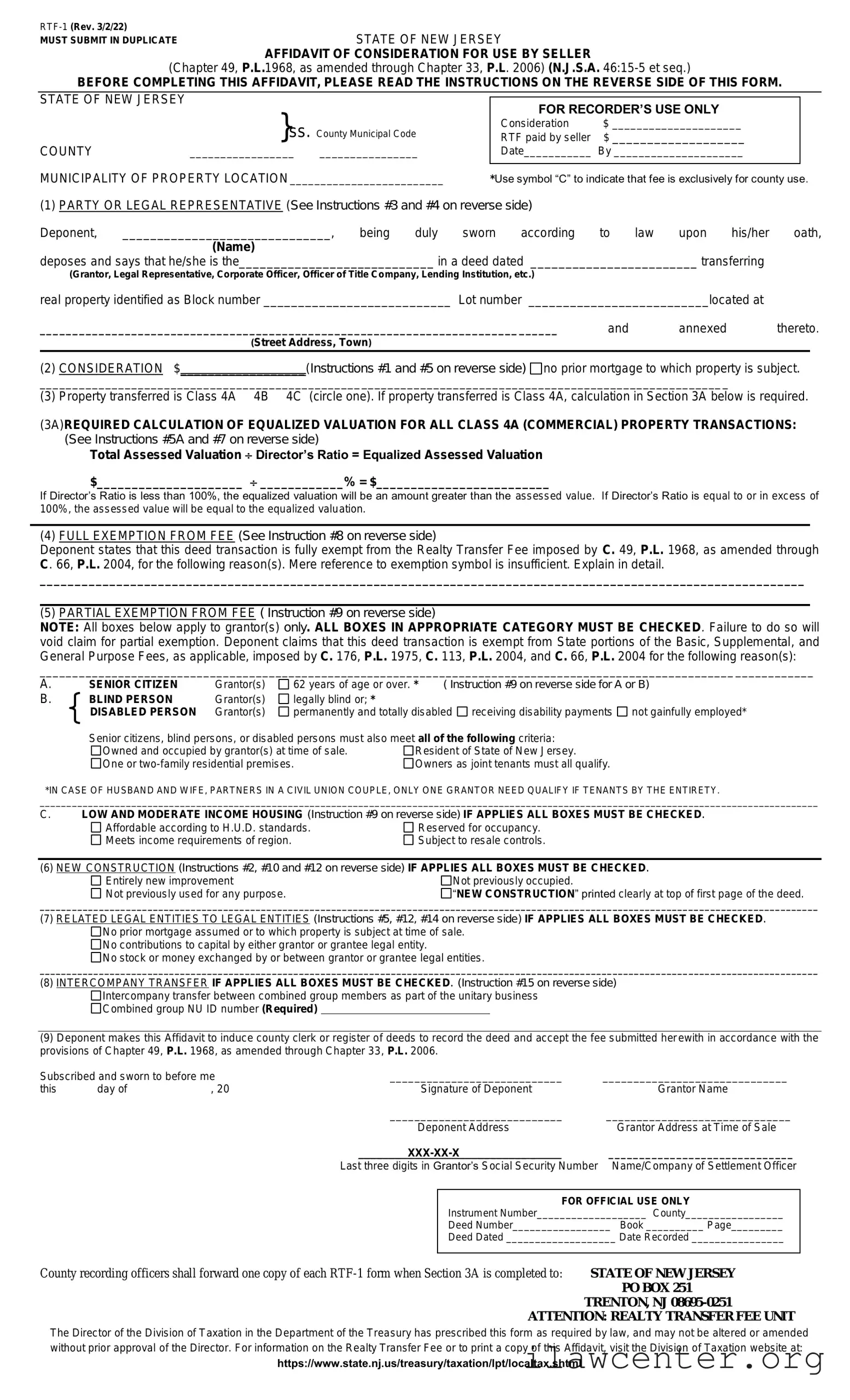 New Jersey Affidavit of Consideration RTF-1 PDF Template