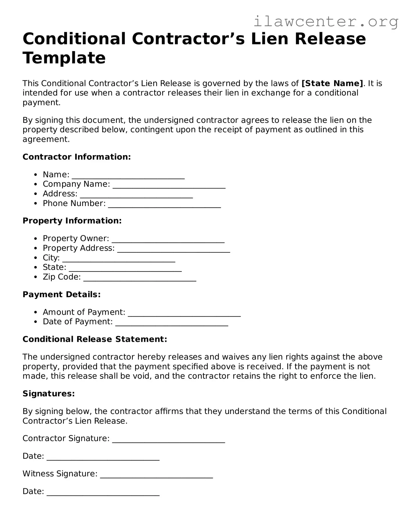 Fillable Conditional Contractor’s Lien Release Document