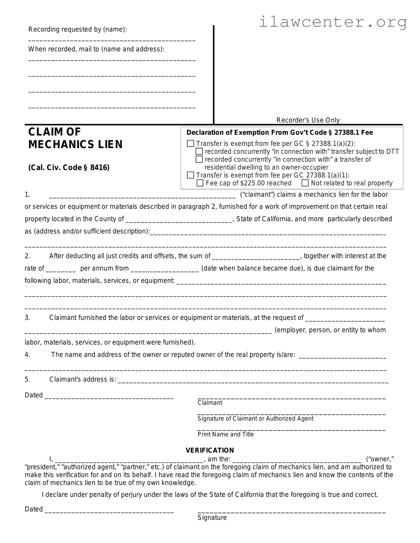 Mechanics Lien California PDF Template