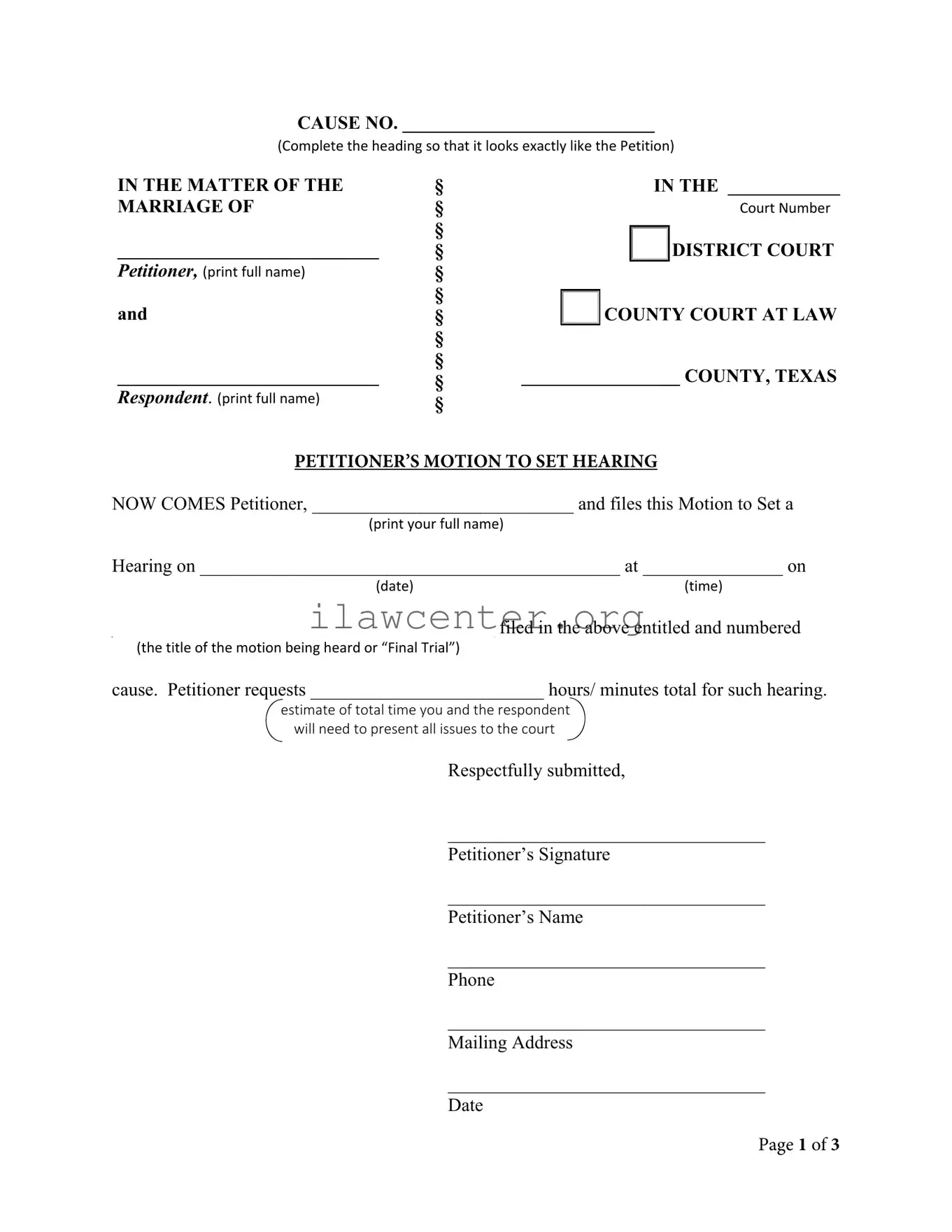 Motion Set Hearing PDF Template