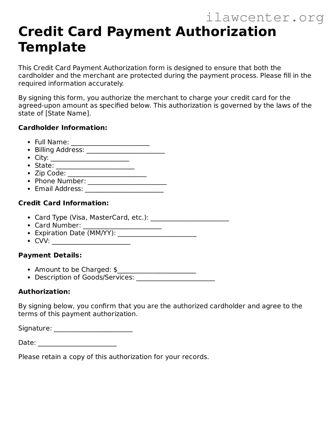 Fillable Credit Card Payment Authorization Document