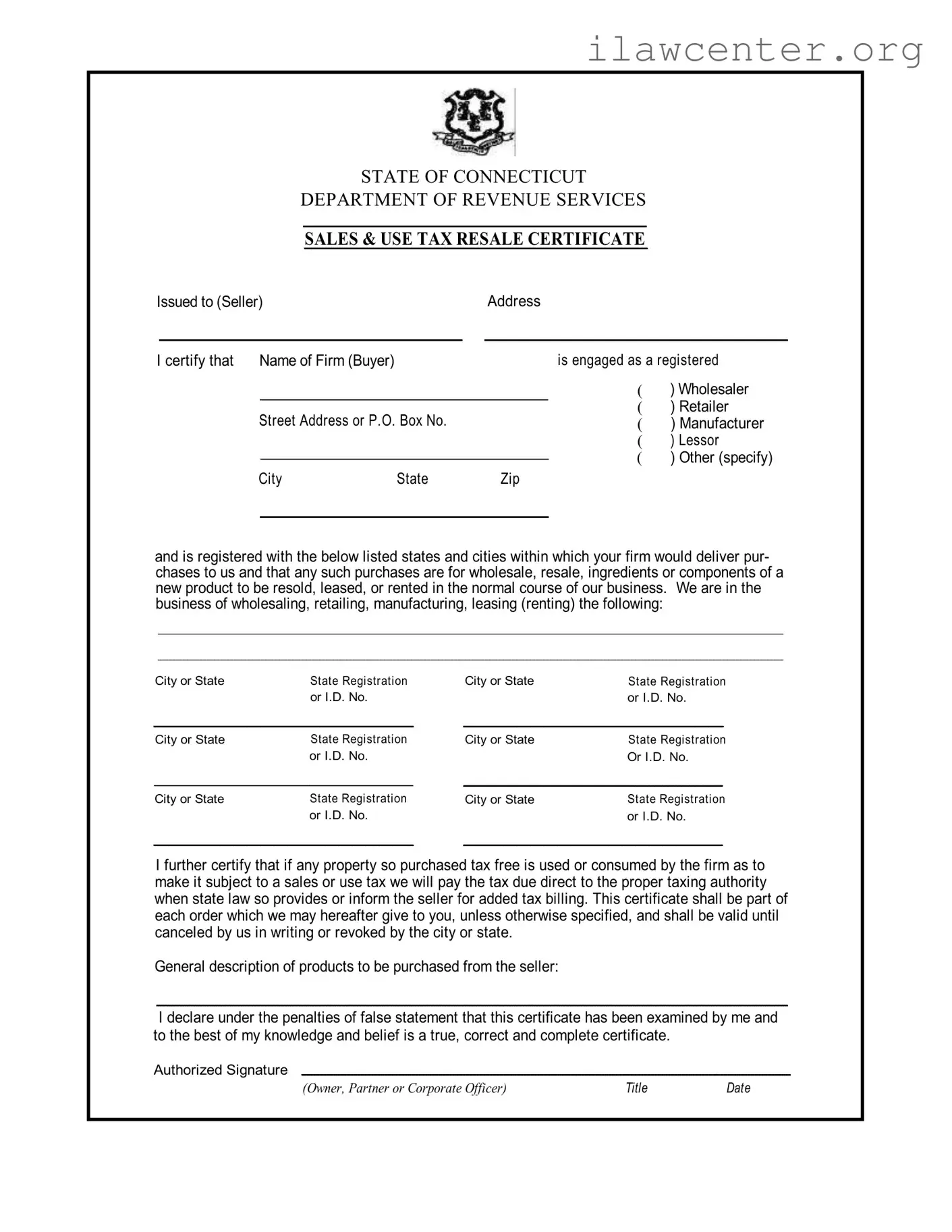 Ct Resale Certificate PDF Template