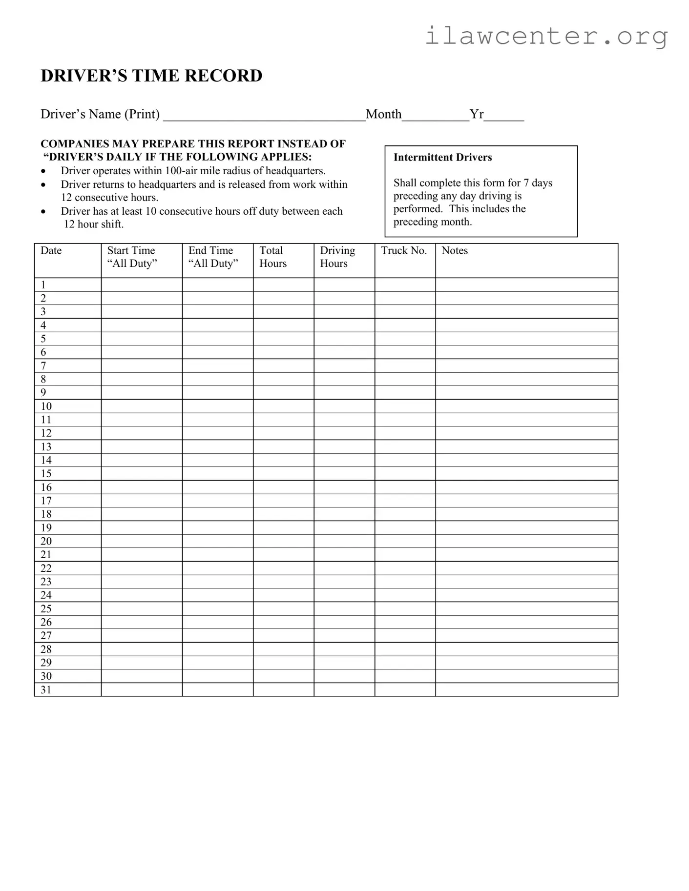 Driver Time Record PDF Template
