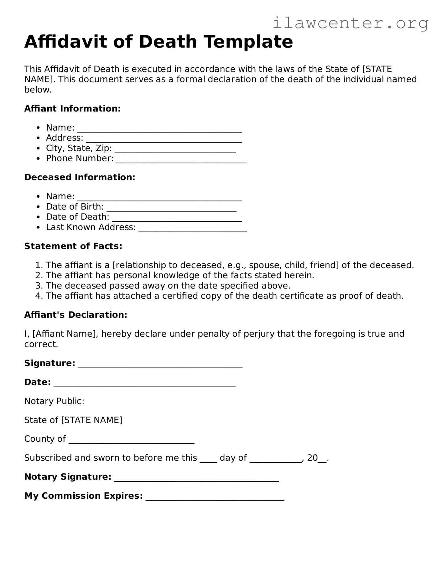 Fillable Affidavit of Death Document