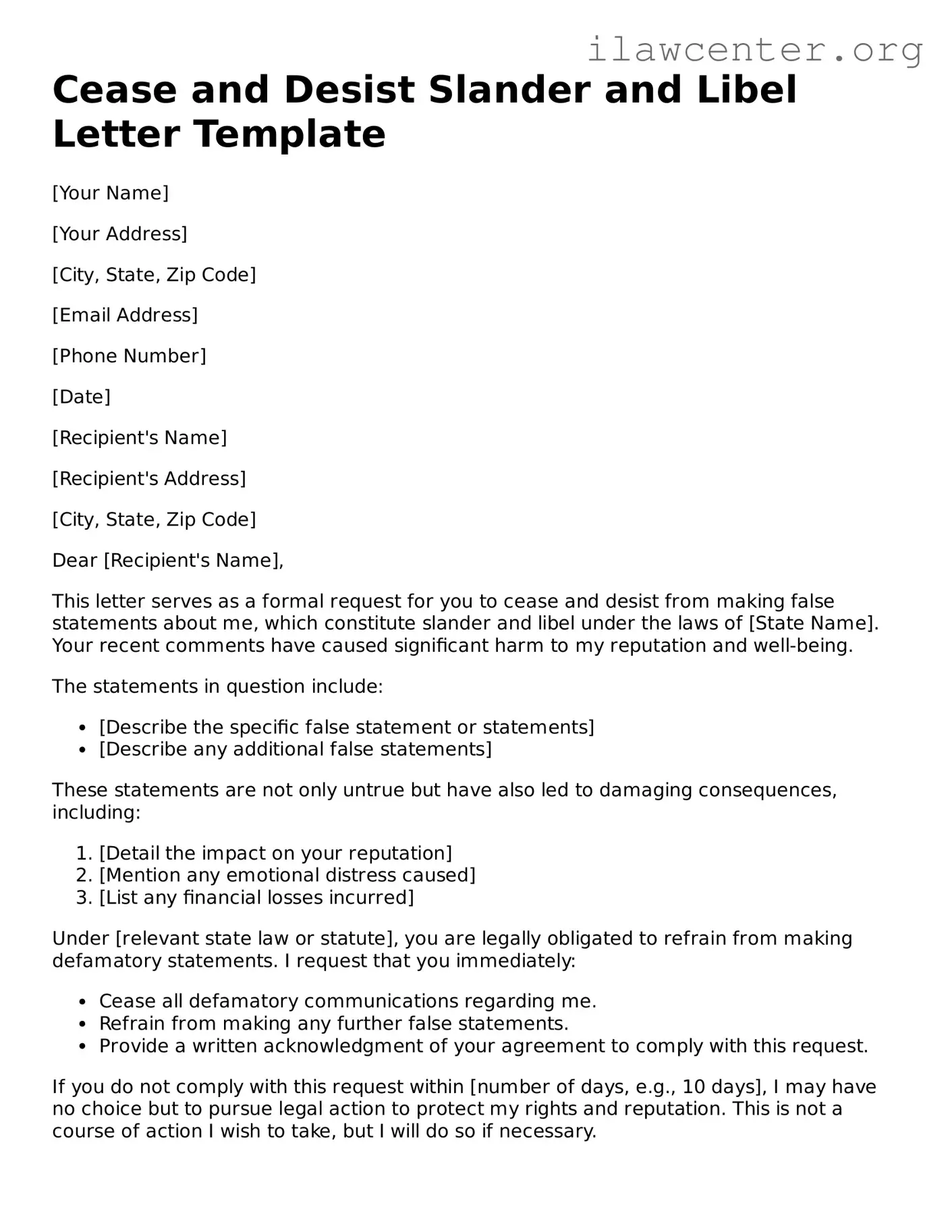 Fillable Cease and Desist Slander and Libel Letter Document