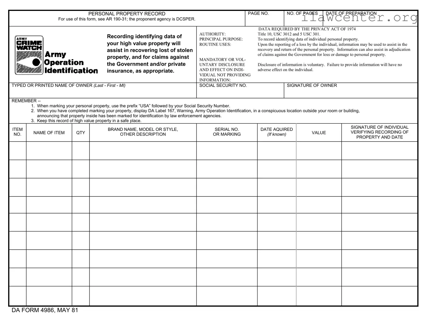 Da 4986 PDF Template