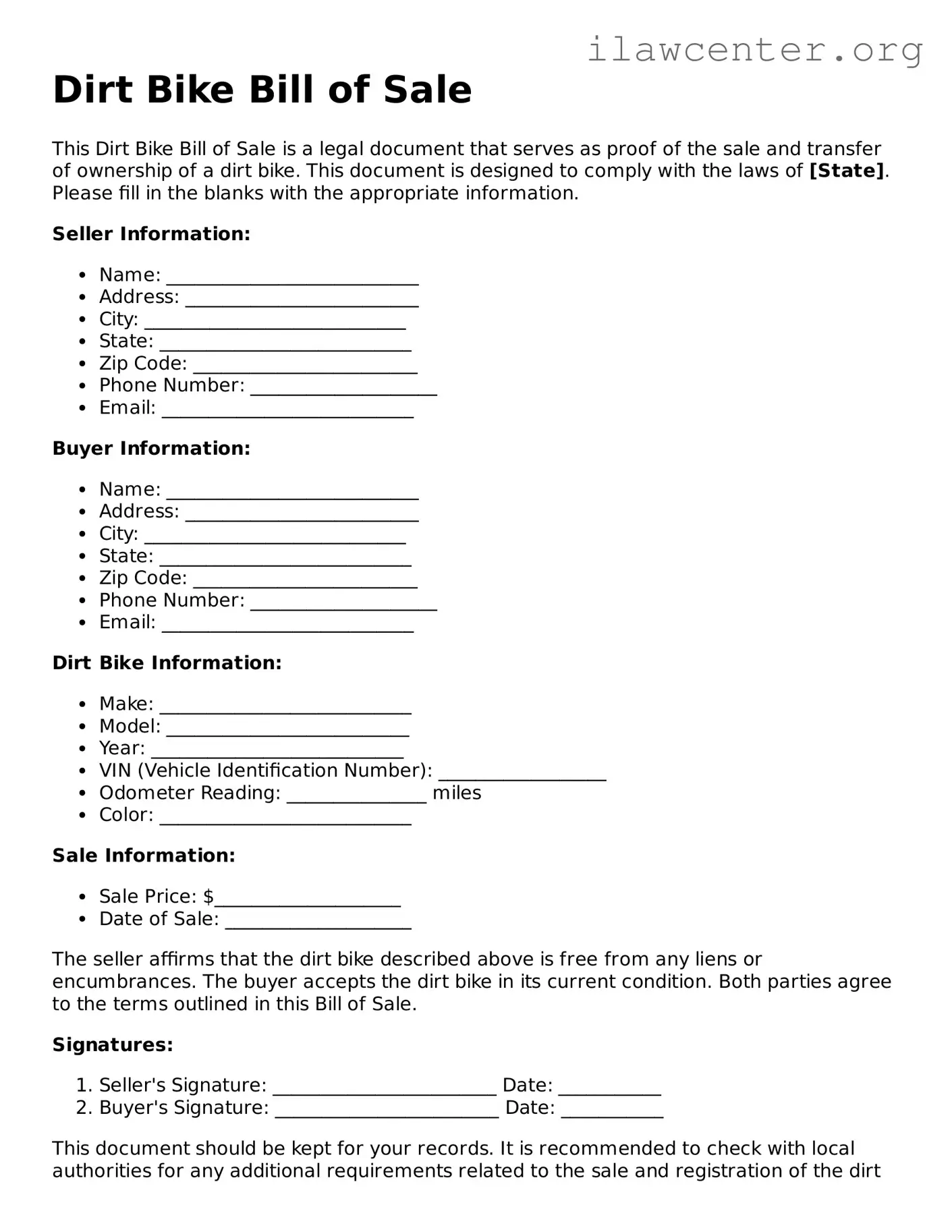 Fillable Dirt Bike Bill of Sale Document